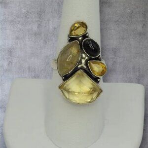 Vintage Artisan Citrine, Garnet Color, & Glass Sterling Silver Ring SZ 8 1/2